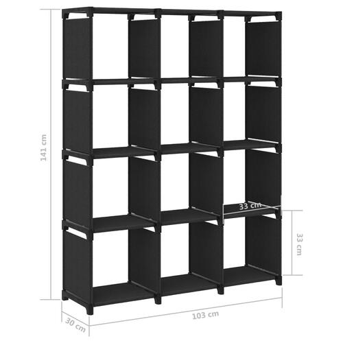 Displayreol med 12 kubeformede rum 103x30x141 cm stof sort