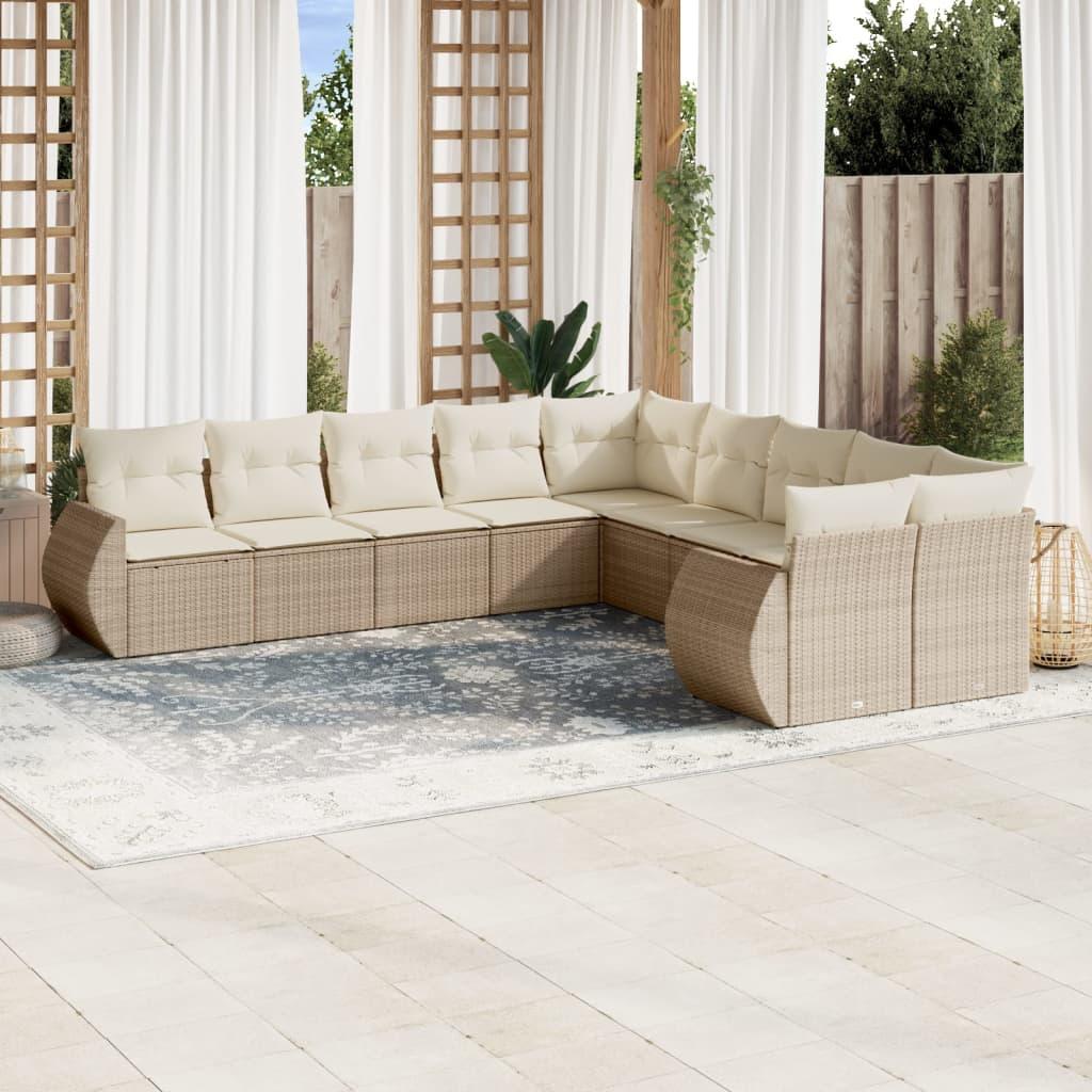 Sofasæt til haven i polyrattan - 10 dele med hynder, beige