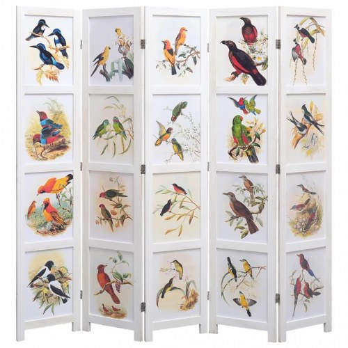 5-panels rumdeler 175 x 165 cm stof fugledesign hvid
