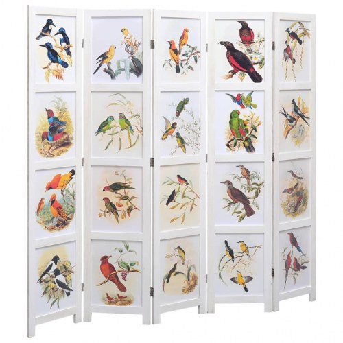 5-panels rumdeler 175 x 165 cm stof fugledesign hvid