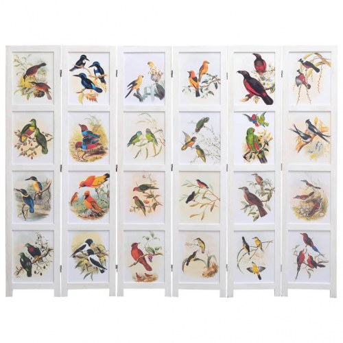 6-panels rumdeler 210 x 165 cm stof fugledesign hvid