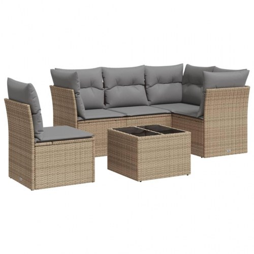 Sofasæt til haven 6 dele med hynder og glasbord i polyrattan - beige