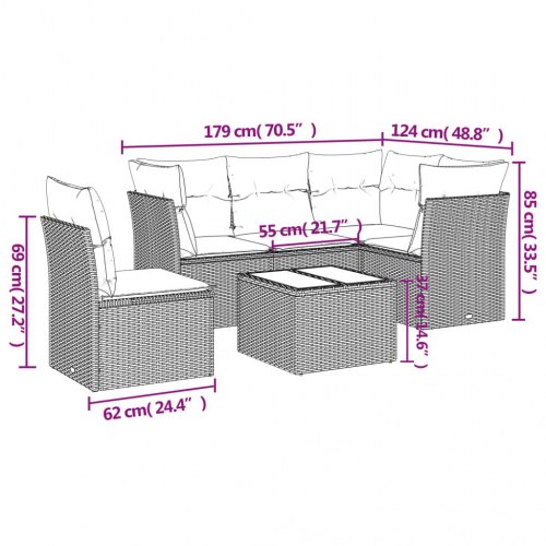 Sofasæt til haven 6 dele med hynder og glasbord i polyrattan - beige