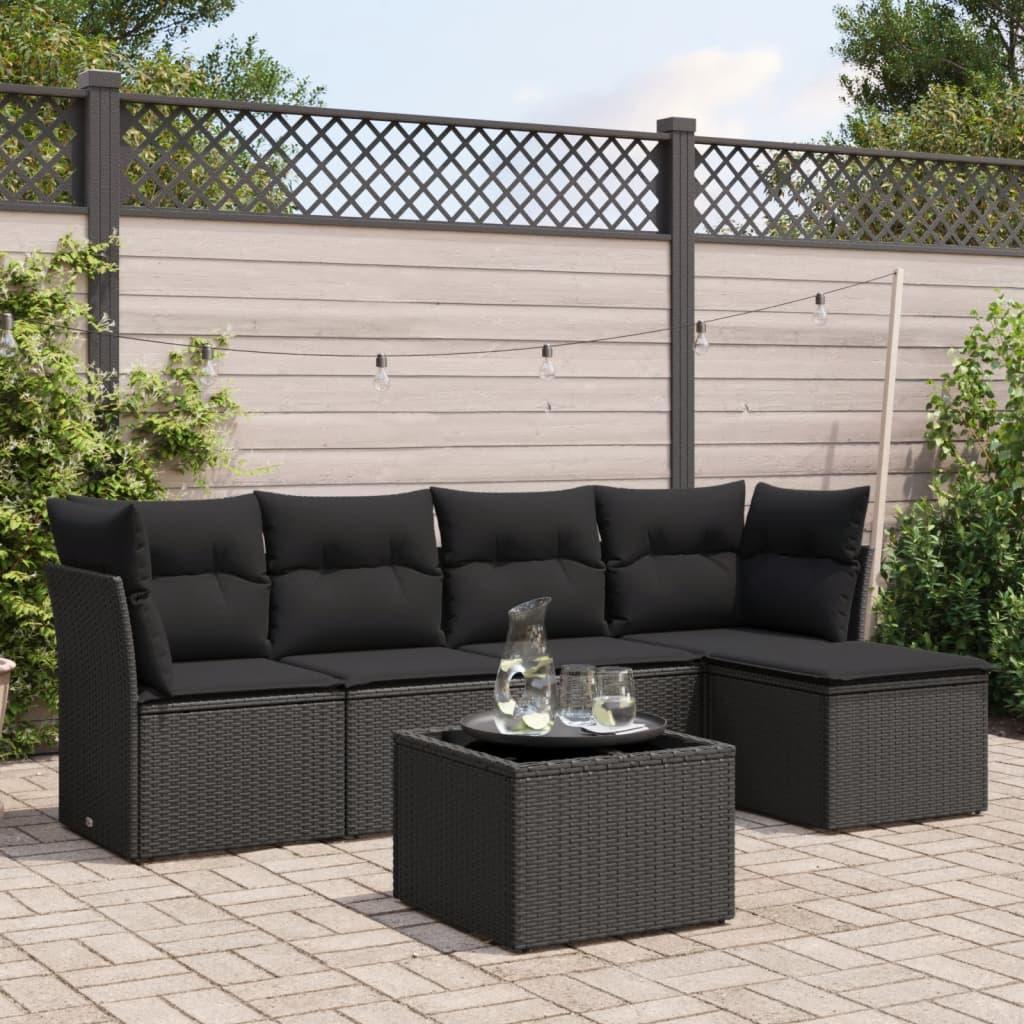 Sofasæt til haven 6 dele med hynder og glasbord i polyrattan sort