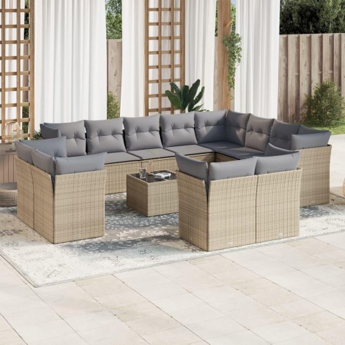 Sofasæt til haven 13 dele med hynder og glasbord i polyrattan beige