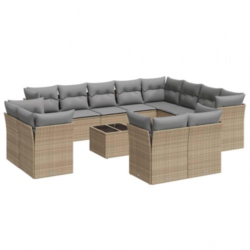 Sofasæt til haven 13 dele med hynder og glasbord i polyrattan beige