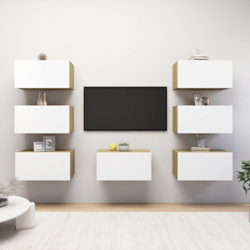 Tv-skabe 7 dele 30,5x30x60 cm konstrueret træ hvid og sonoma-eg