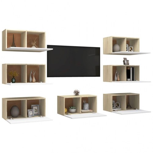 Tv-skabe 7 dele 30,5x30x60 cm konstrueret træ hvid og sonoma-eg