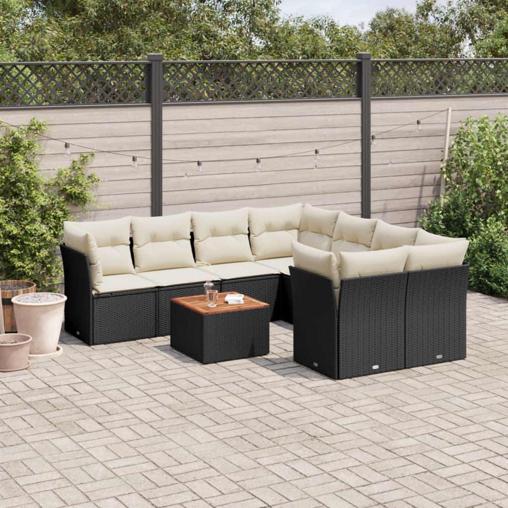 Sofasæt Til Haven 9 Dele Med Hynder Polyrattan - Sort og cremefarvet / 4x hjørnedel bord 4x midterdel