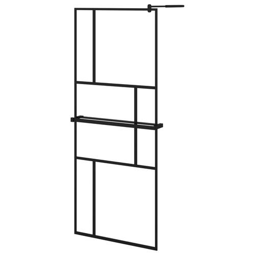 Brusevæg med hylde 80x195 cm sikkerhedsglas og aluminium sort
