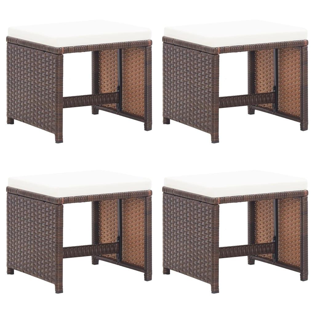 Havetaburetter 4 stk. med hynder polyrattan brun