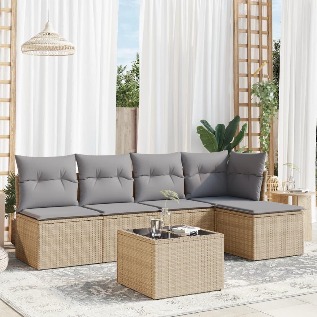Sofasæt til haven i polyrattan - 6 dele med hynder, beige/lysegrå