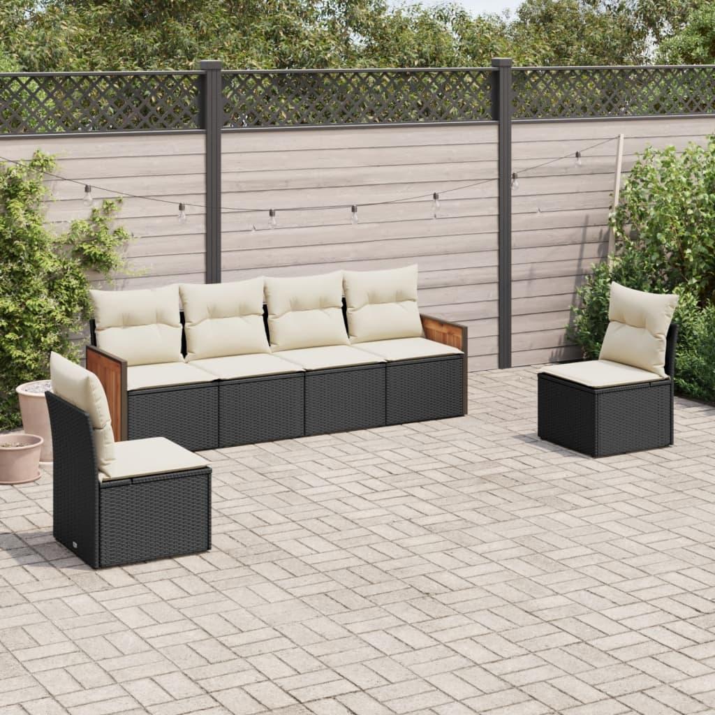 Sofasæt Til Haven 6 Dele Med Hynder Polyrattan - Sort og cremefarvet / Uden bord