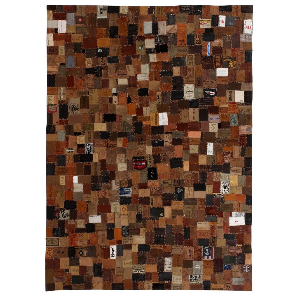 Tæppe ægte læder jeans-mærke patchwork 160 x 230 cm brun