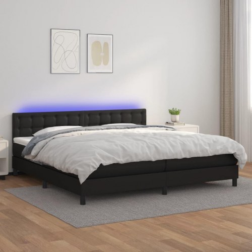 Kontinentalseng med LED-lys 200×200 cm i sort kunstlæder