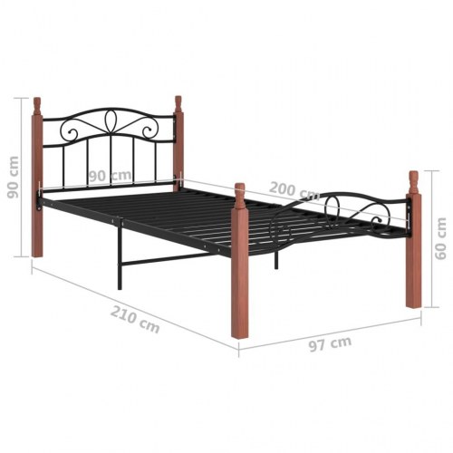 Sengeramme 90x200 cm metal og massivt egetræ sort