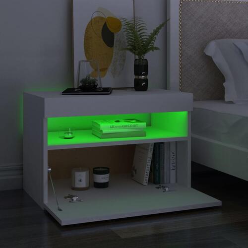 Sengebord med LED-lys 60x35x40 cm konstrueret træ hvid