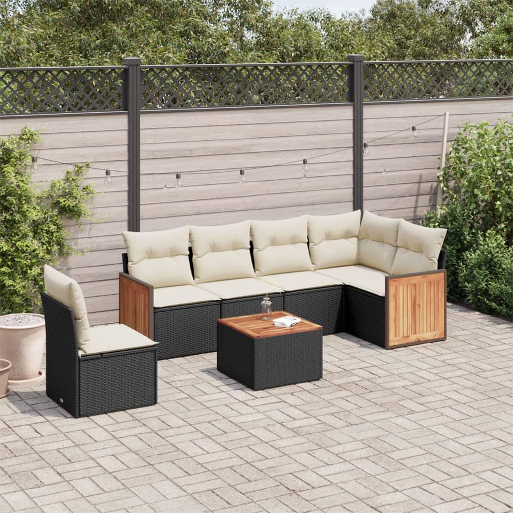 Sofasæt til haven 7 dele med hynder i polyrattan - sort