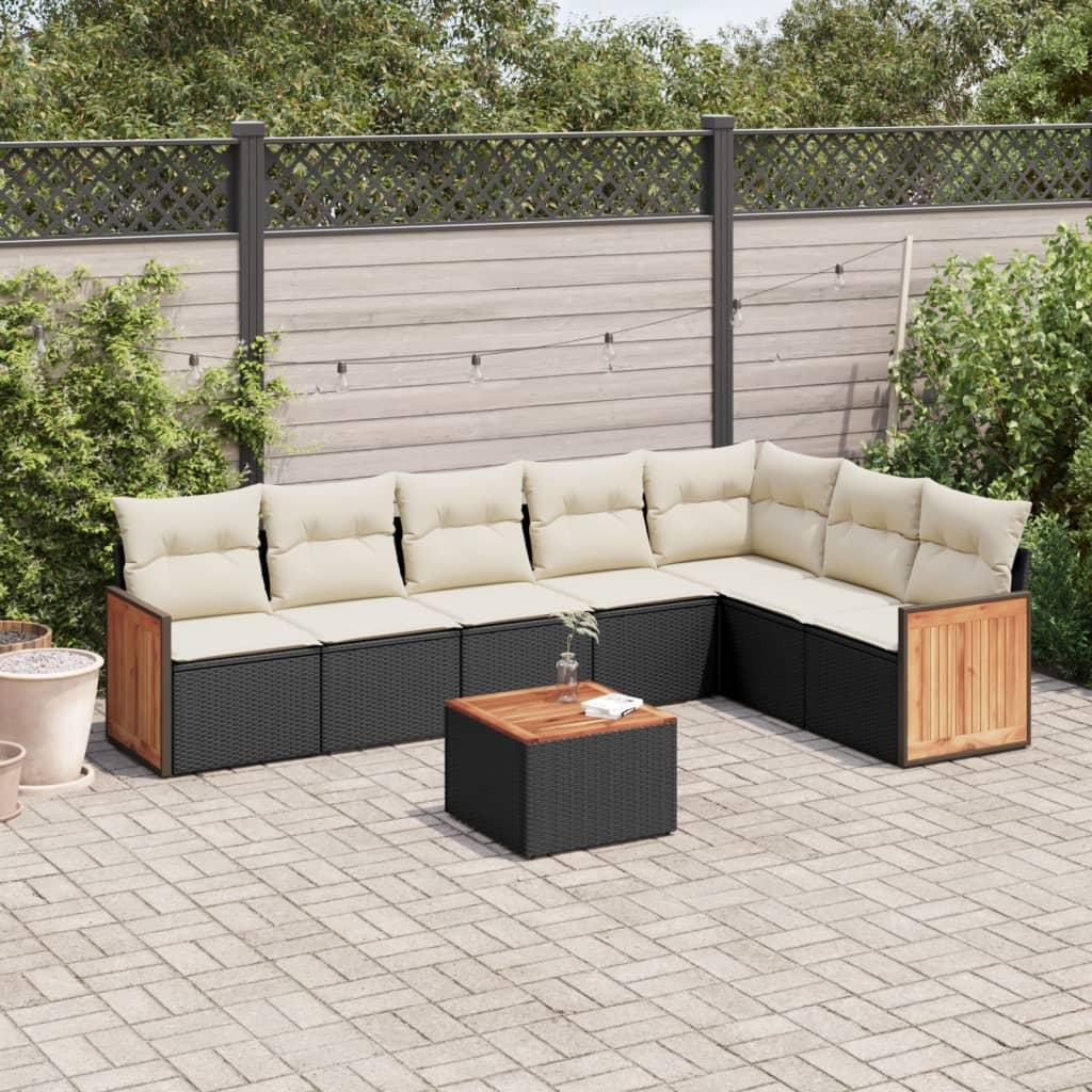 Sofasæt Til Haven 8 Dele Med Hynder Polyrattan - Sort og cremefarvet / Med bord