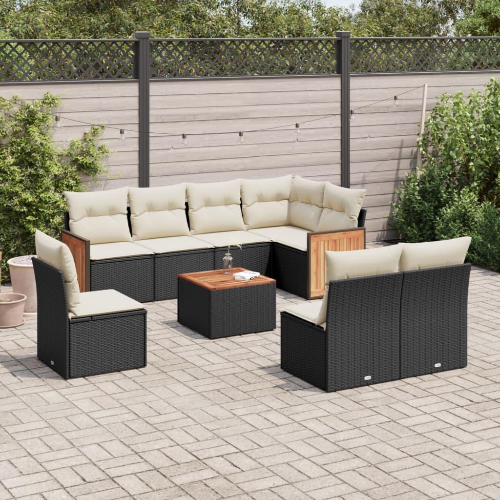 Sofasæt til haven i polyrattan - 9 dele med hynder, sort