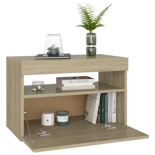 Sengebord med LED-lys 60x35x40 cm konstrueret træ sonoma-eg