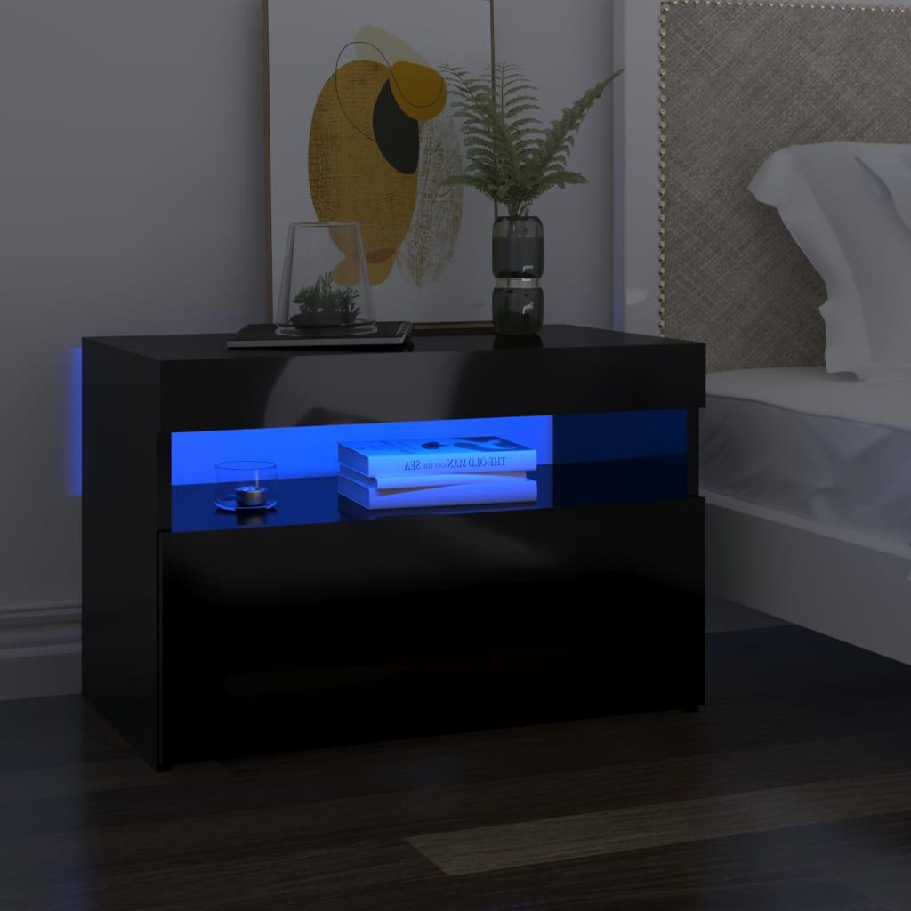 Sengeskabe m. LED-lys 2 stk. 60x35x40 cm sort højglans