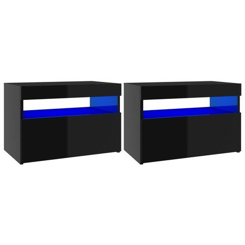 Sengeskabe m. LED-lys 2 stk. 60x35x40 cm sort højglans