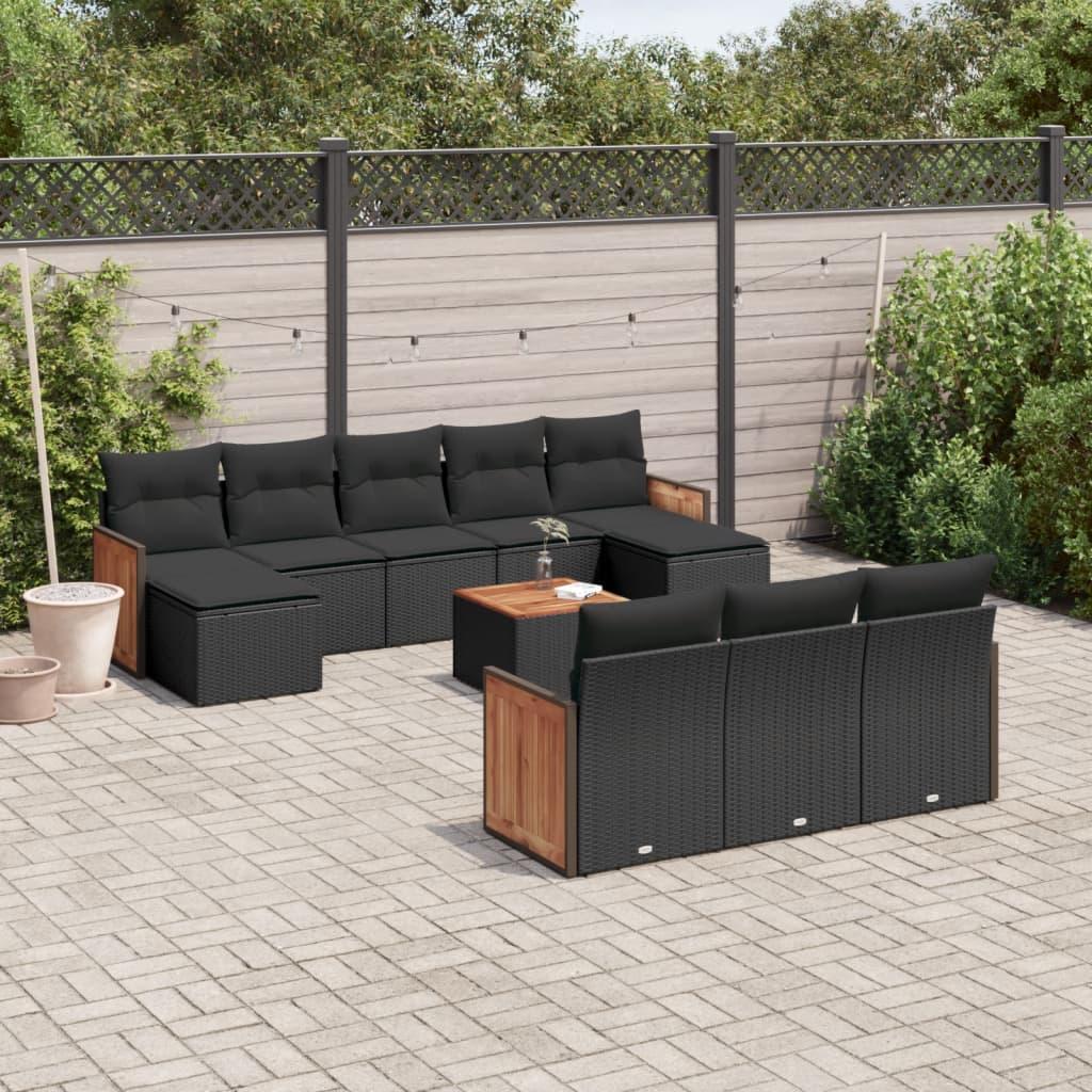 Sofasæt til haven i polyrattan, 11 dele, sort - modulært loungesæt med hynder