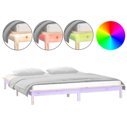 Sengeramme med LED-lys 200×200 cm - massivt fyrretræ