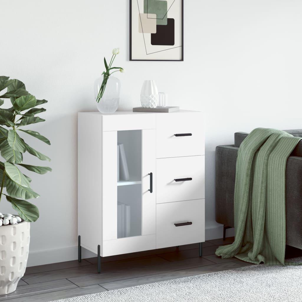 Skænk med glaslåge og 3 skuffer - 69,5×34×90 cm, hvidt konstrueret træ