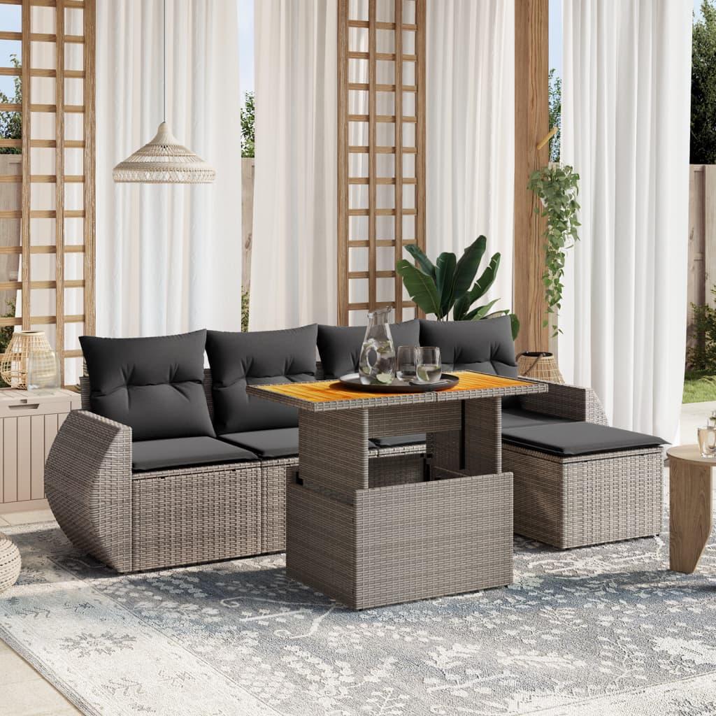 Sofasæt til haven i polyrattan - 6 dele med hynder, grå