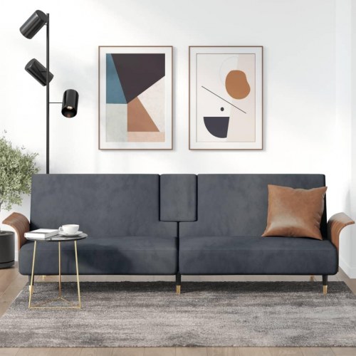 Sovesofa i velour med kopholdere - mørkegrå