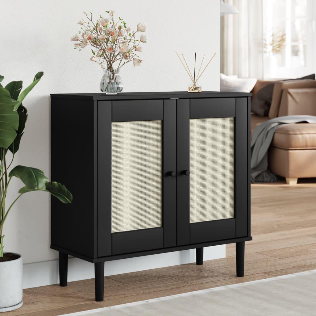Skænk SENJA 80 x 35 x 80 cm i massivt fyrretræ med rattan-look - sort