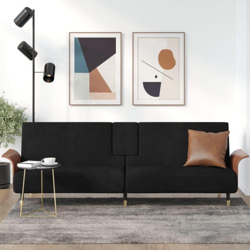Sovesofa i velour med kopholdere - sort