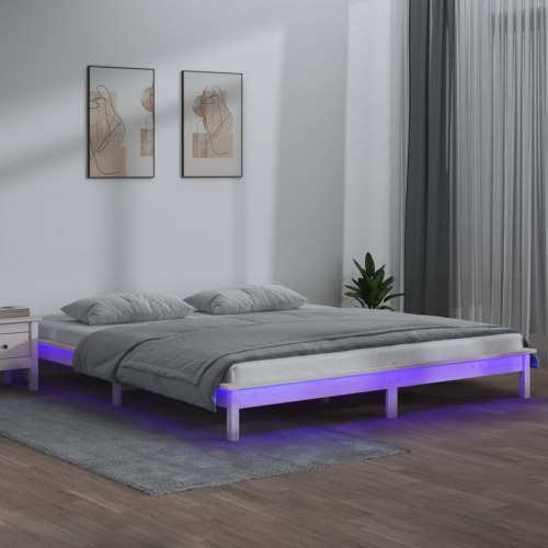 Sengeramme med LED-lys 200×200 cm - massivt træ, hvid