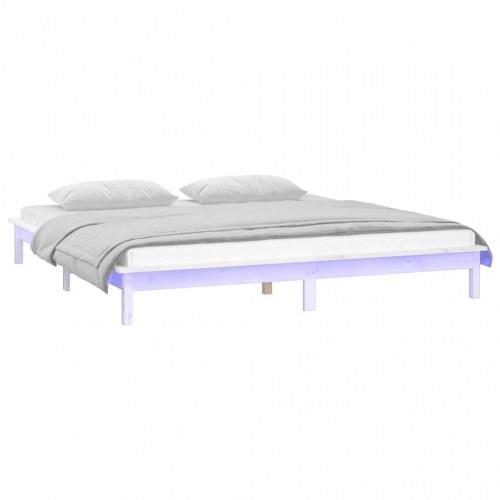Sengeramme med LED-lys 200×200 cm - massivt træ, hvid