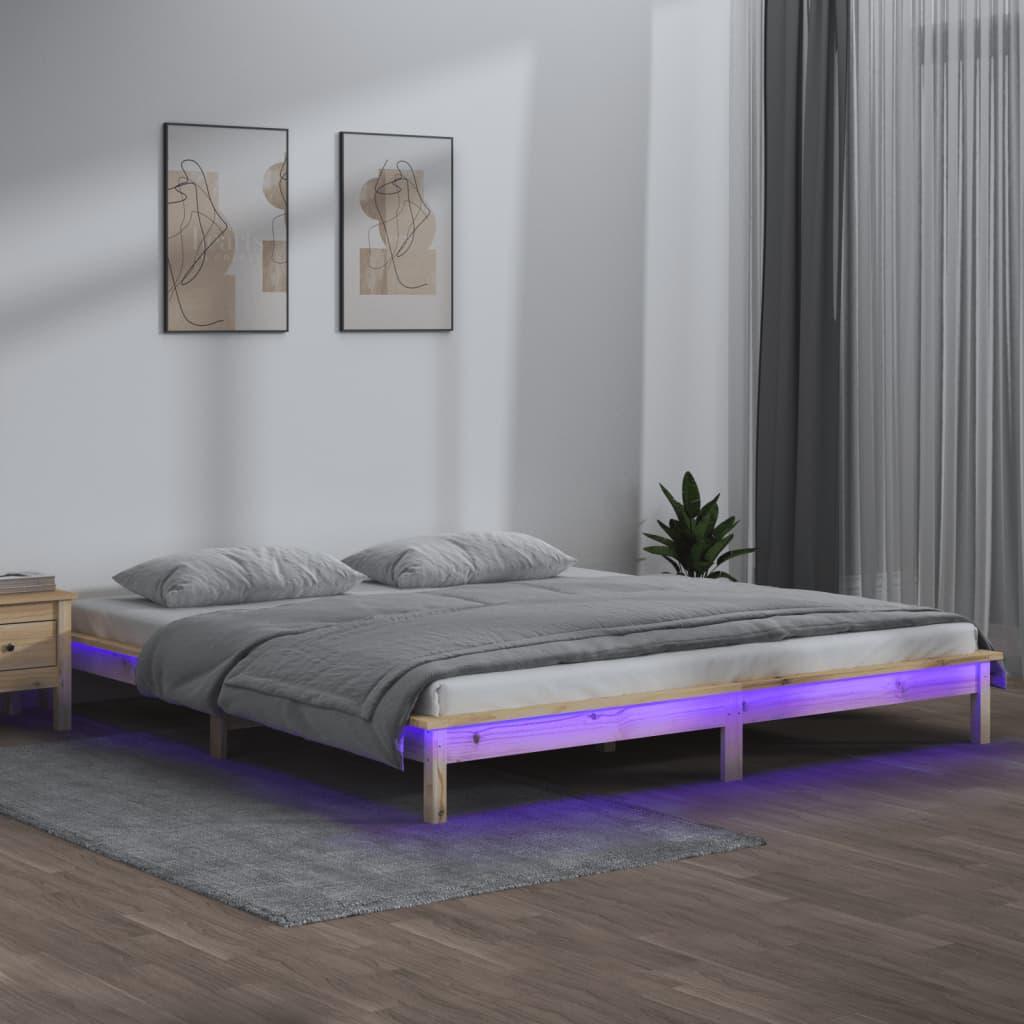 Sengeramme med LED-lys 150x200 cm kingsize massivt træ billede