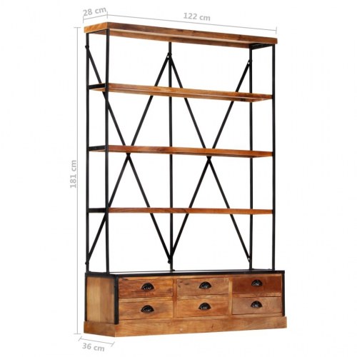 Bogreol i 4 niveauer 6 skuffer 122x36x181 cm massivt mangotræ