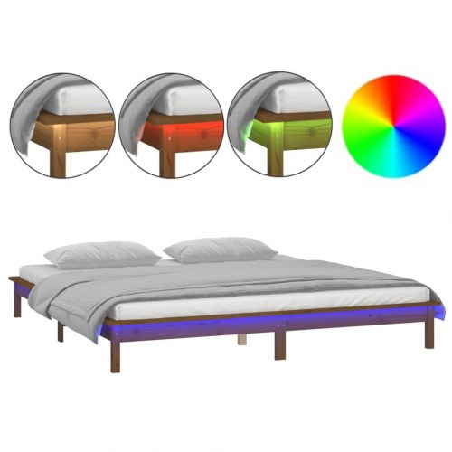 Sengeramme i massivt træ med LED-lys 200×200 cm - gyldenbrun