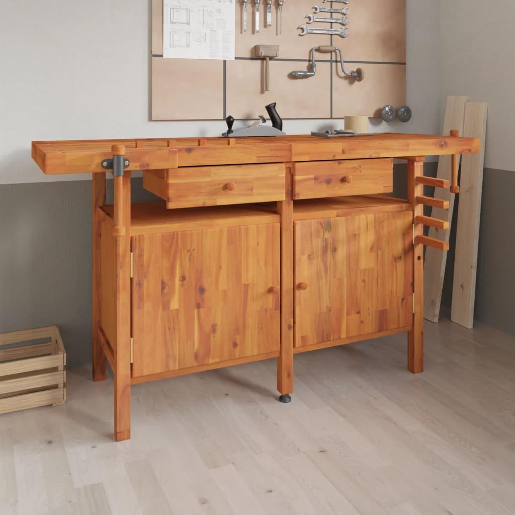 Arbejdsbord m. skuffer + skruestik 162x62x83 cm massivt akacie