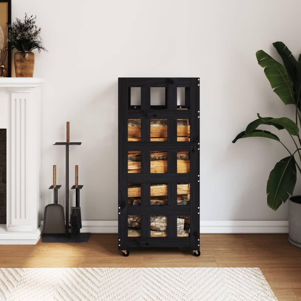 Brændestativ med hjul 40x49x110 cm massivt fyrretræ sort