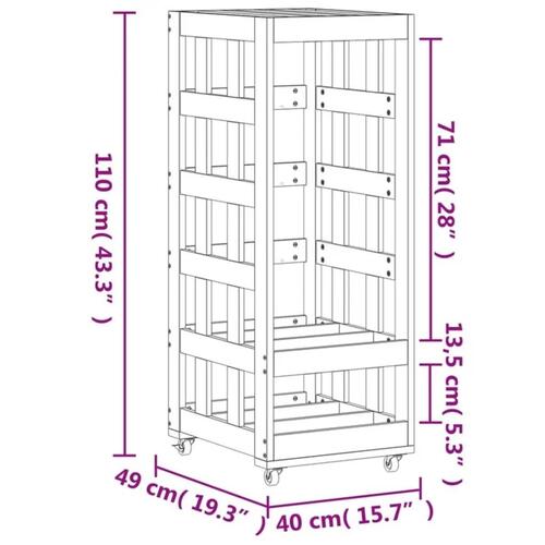 Brændestativ med hjul 40x49x110 cm massivt fyrretræ sort