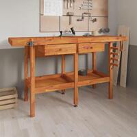 Arbejdsbord m. skuffer + skruestik 162x62x83 cm massivt akacie