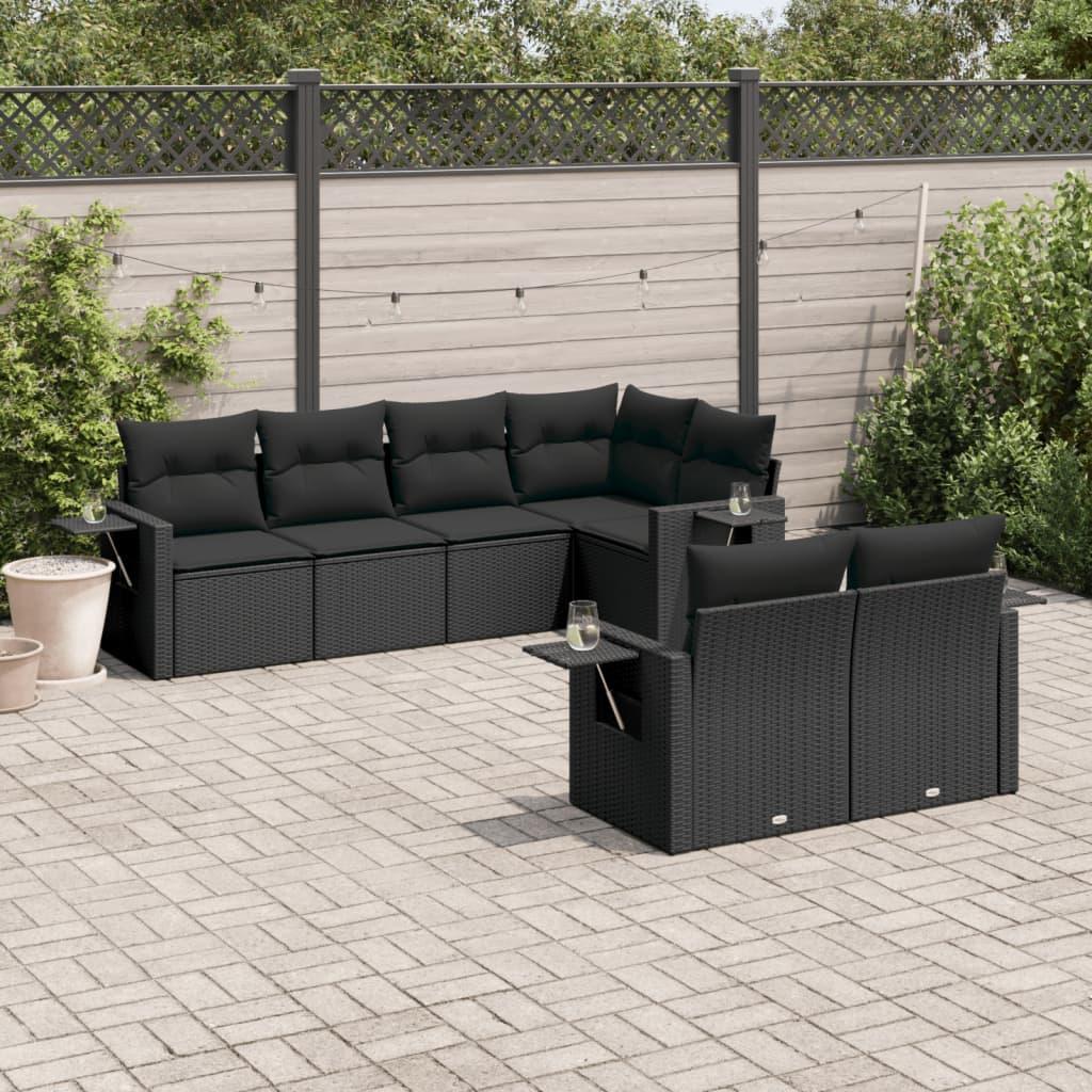 Sofasæt til haven i polyrattan - 7 dele med hynder, sort