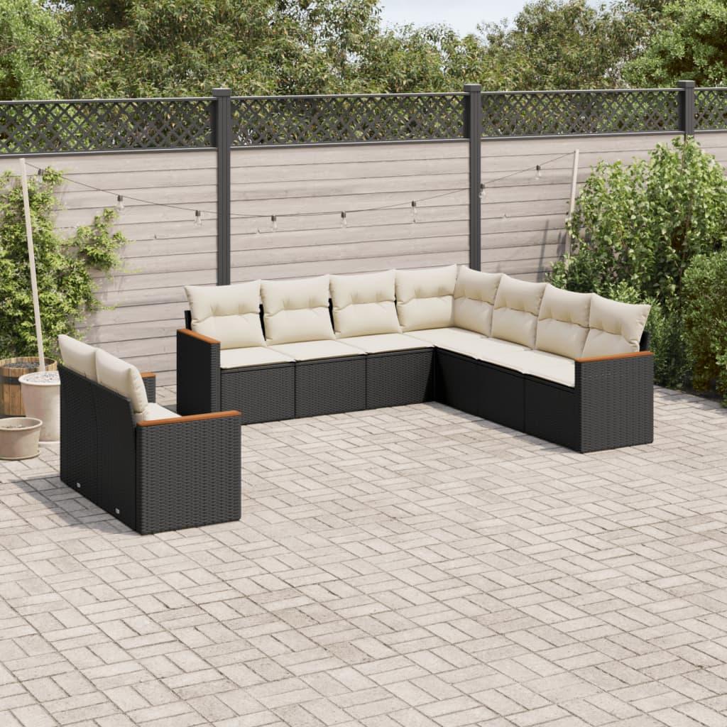 Sofasæt Til Haven 10 Dele Med Hynder Polyrattan Sort - Sort og cremefarvet / Uden bord