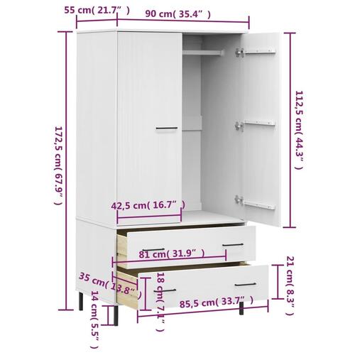 Klædeskab med metalben OSLO 90x55x172,5 cm massivt træ hvid