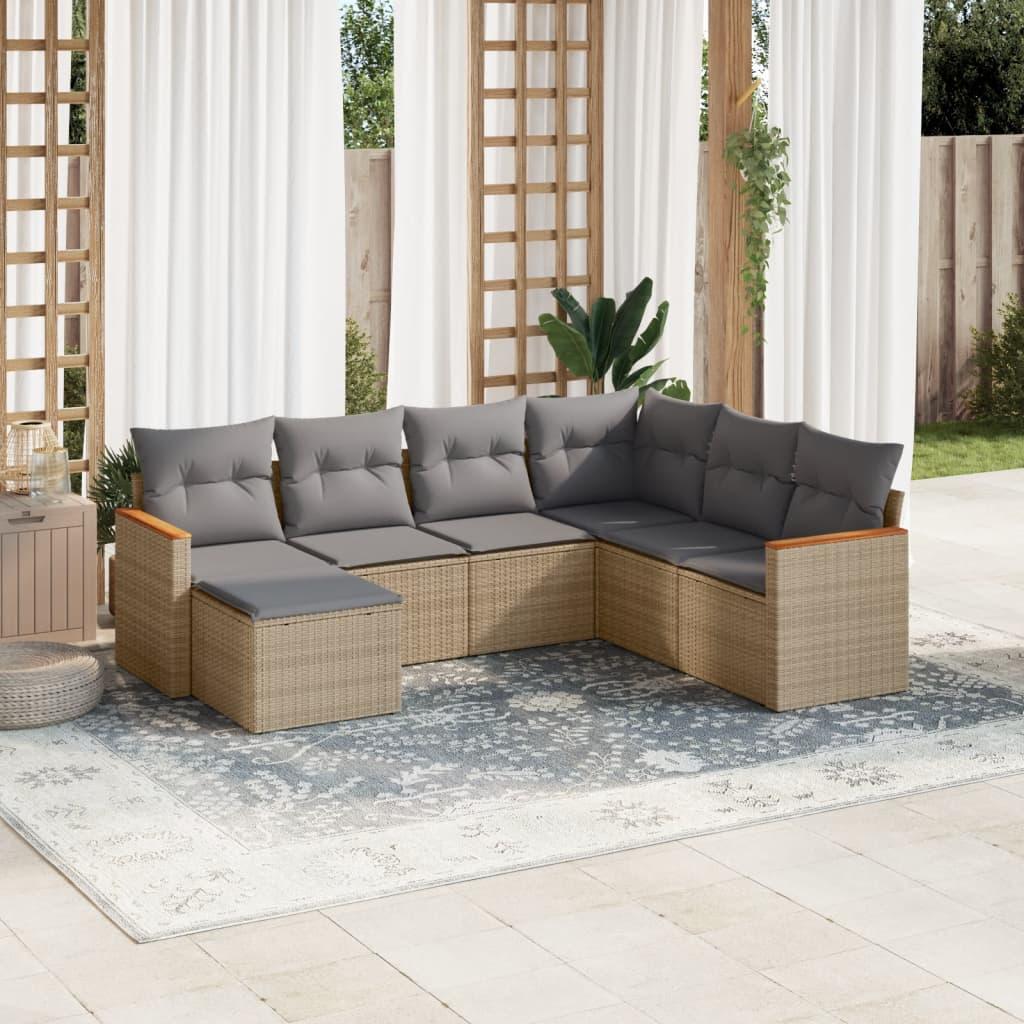Sofasæt Til Haven 7 Dele Med Hynder Polyrattan Sort - Blandet beige / Uden bord
