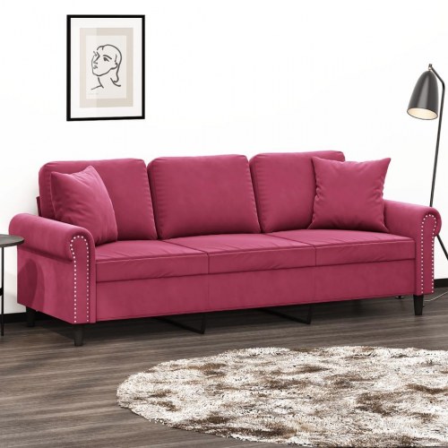 3-personers sofa i velour med pyntepuder - vinrød, sædebredde 180 cm