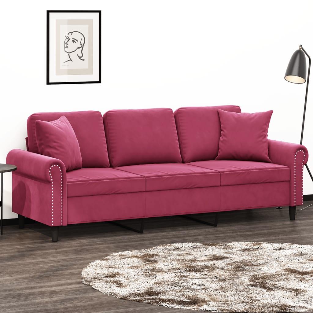 3-Personers Sofa Med Pyntepuder Velour - 180 cm / Vinrød