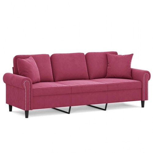 3-personers sofa i velour med pyntepuder - vinrød, sædebredde 180 cm